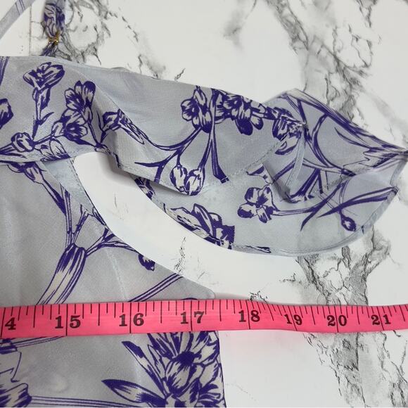 Amanda Uprichard Light Blue Purple Floral Cold Shoulder Flutter Silk Blouse M - Picture 5 of 7